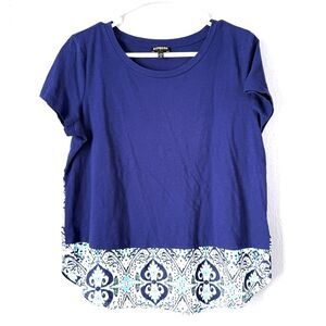 Express Top Women's size M Boho Dark Blue Semi Sheer Layered Short Sleeve